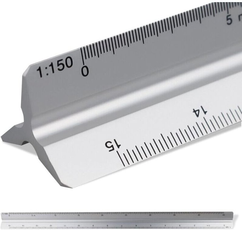 Dreieckslineal für Architekten mit 30-cm-Skala. Maßstab: 1:20-1:25-1:50-1:75-1:10. Material: Aluminium. Maßstabslineal (...