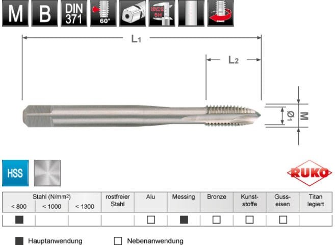 Thumbnail - Ruko - Maschinengewindebohrer m din 371 hss m 8 Gewindelänge L2 18 mm