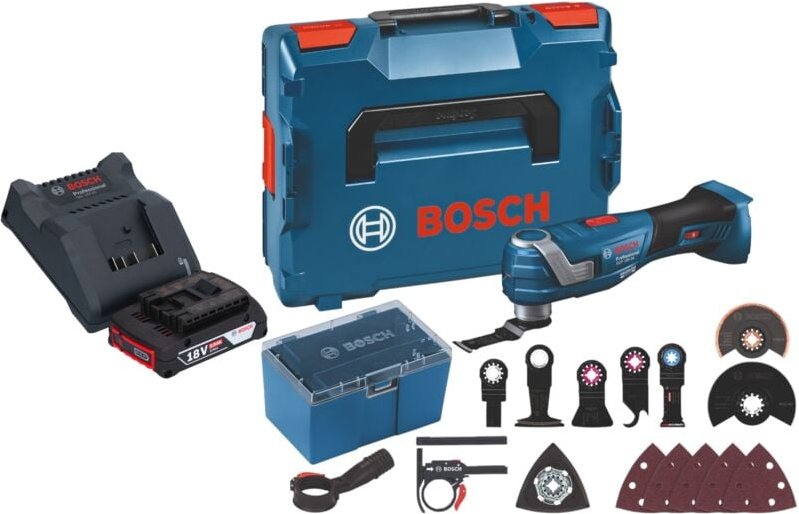 Bosch GOP 18V-34 Professional Akku Multi Cutter 18 V Starlock Plus + 1x Akku 2,0 Ah + Ladegerät + 17 tlg. Zubehör + L-Bo...