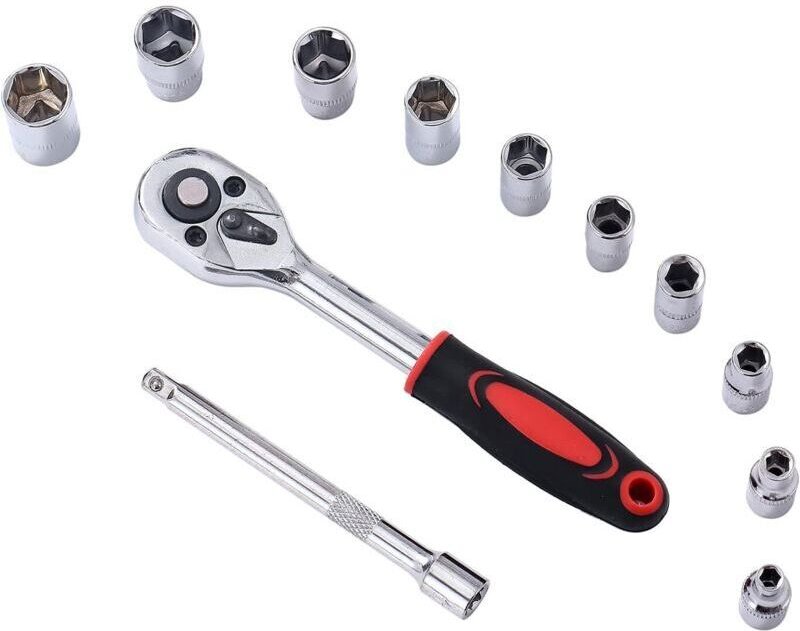 1/4" 12-teiliger Steckschlüsselsatz, 4-13 mm metrischer Antrieb mit 24-Zahn-Schnellverschluss-Ratschenschlüssel und 4"-V...