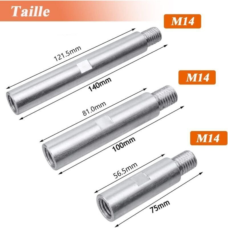 3-teiliges Verlängerungsset aus Aluminiumlegierung für Winkelschleifer, M14-Gewinde, 75 mm, 100 mm, 140 mm, Hebel, M14-G...