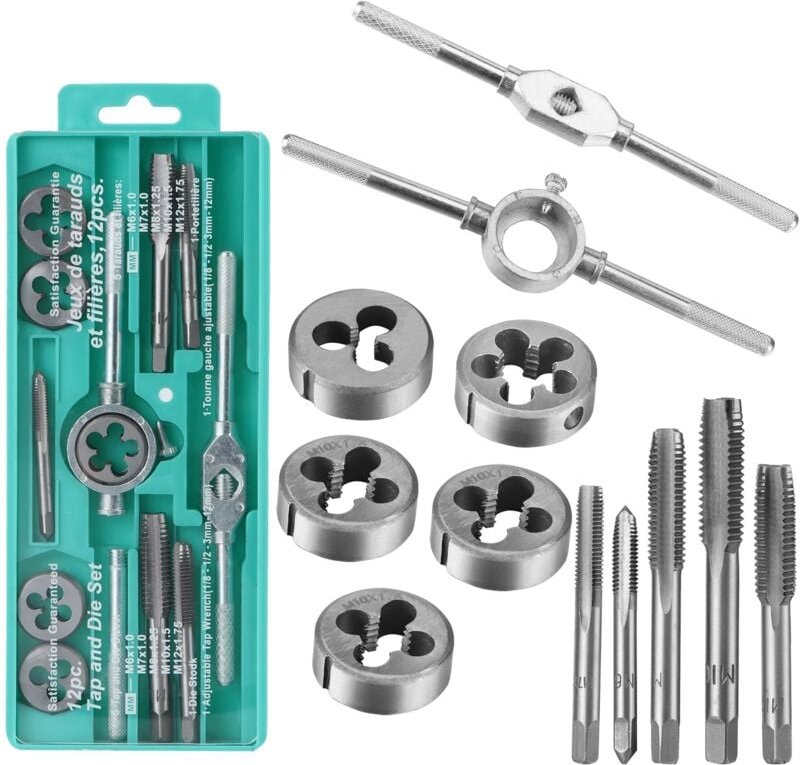 12-teiliger metrischer Gewindebohrer- und Schneideisensatz aus Stahl M3–M12, Gewindebohrer-Set, Gewindeschneideisen, Sch...