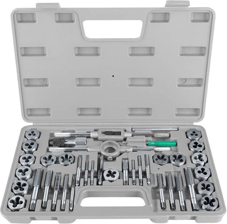 40-teiliger Gewindebohrer- und Schneideisensatz M3-M12 aus Stahl mit 17 Gewindebohrern und 17 Schneideisen