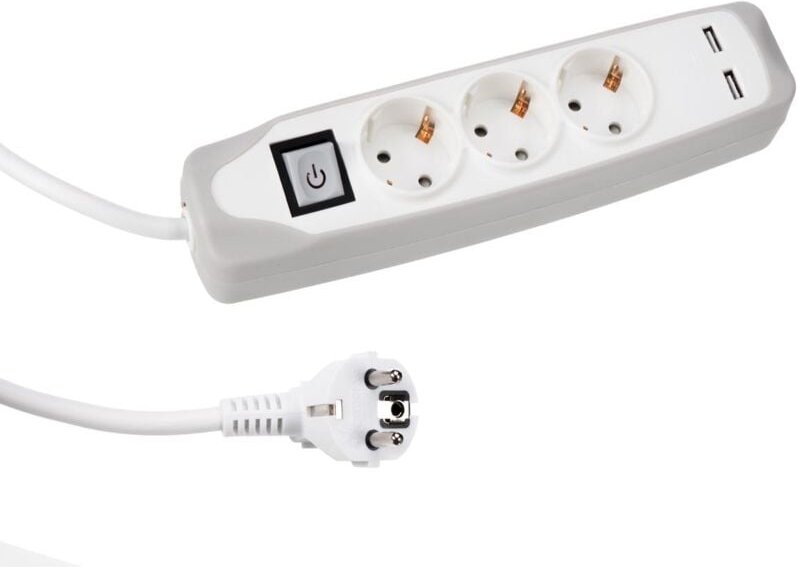 Steckdosenleiste mit Schalter, 3 Schutzkontakt-Steckdosen, 2 USB-Ladebuchsen, Kabel 1.5 m, 3G1.5, Innenbereich, Weiß - P...