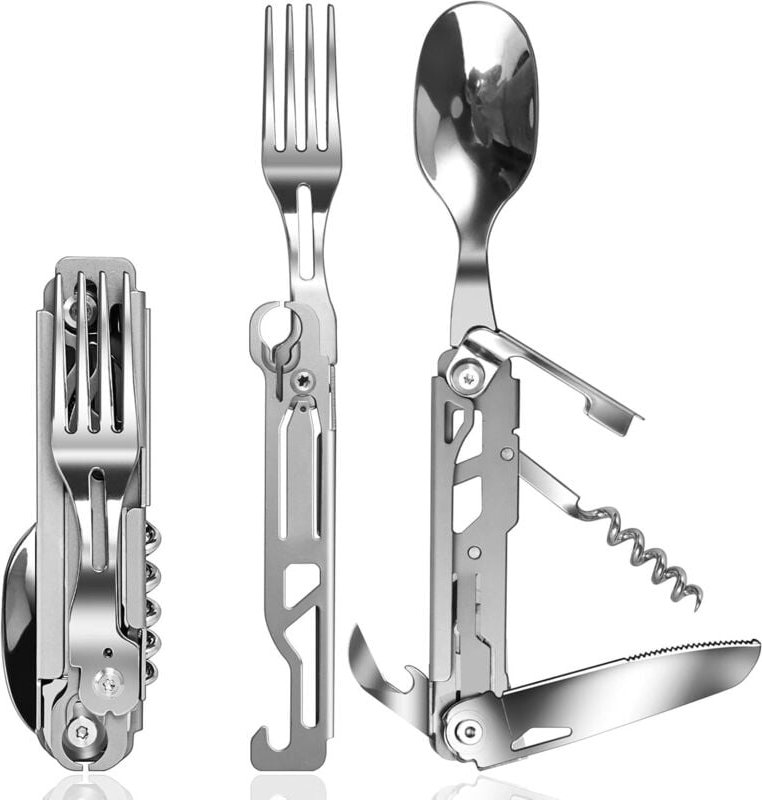 5-in-1-Camping-Besteckset mit Löffel, Gabel, Messer und Flaschenöffner, abnehmbares Geschirr für Outdoor-Reisen und Wand...