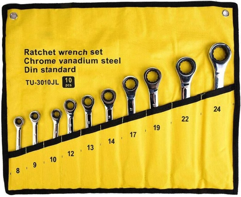 10-teiliges Set aus Doppelkopf-Kombinationsschlüsseln, Ratschenschlüsseln, Steckschlüsseln, Maulschlüsseln und Wartungsw...