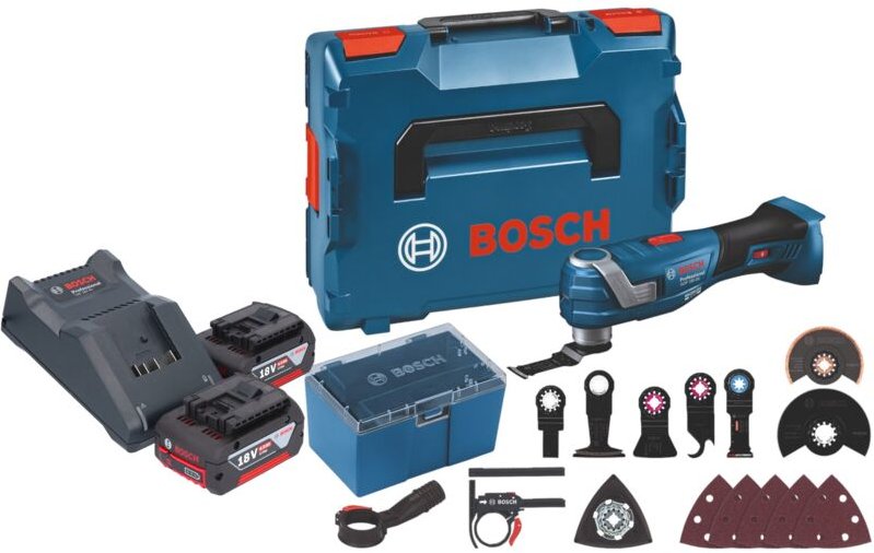 Bosch gop 18V-34 Professional Akku Multi Cutter 18 v Starlock Plus + 2x Akku 4,0 Ah + Ladegerät + 17 tlg. Zubehör + L-Bo...