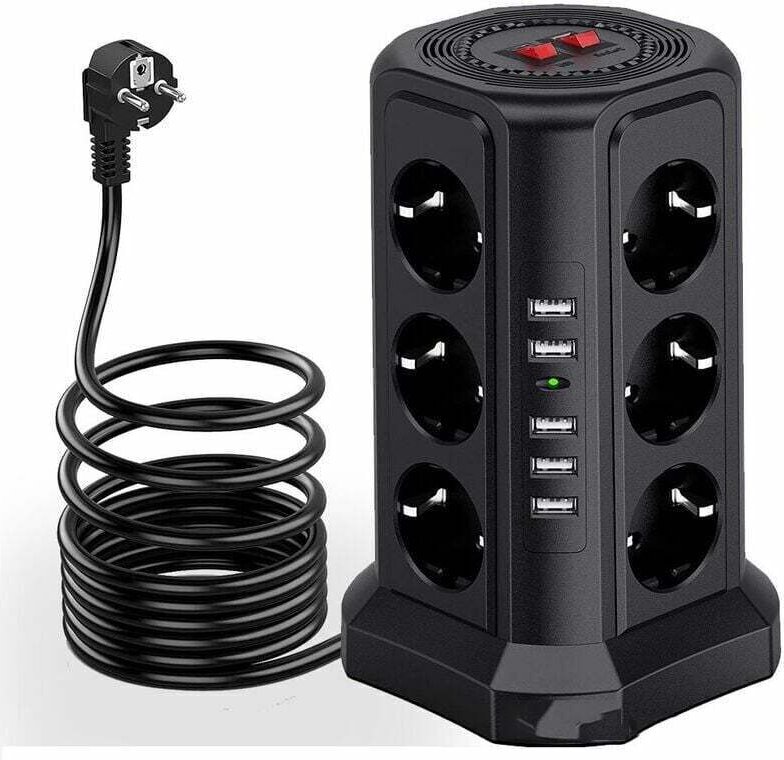 Berspannungs- und Überspannungsschutz-Steckdosenleiste, Steckdosenleiste mit 5 USB-Anschlüssen und 12 Steckdosen, Steckd...