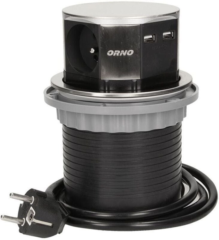 Einbausteckdose 3x250V mit USB-Ladegerät 1,5m INOX OR-AE-1381