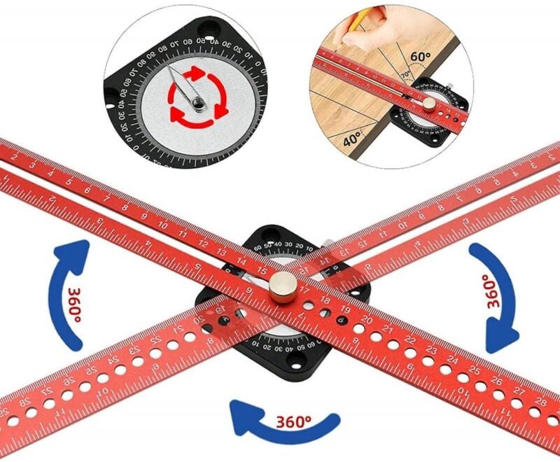 BEBUSINGOTO Kreiszeichenwerkzeug für die Holzbearbeitung, 360-Grad-Zirkelwinkel-T-Lineal, gerades Kreisbogen-Zeichenline...