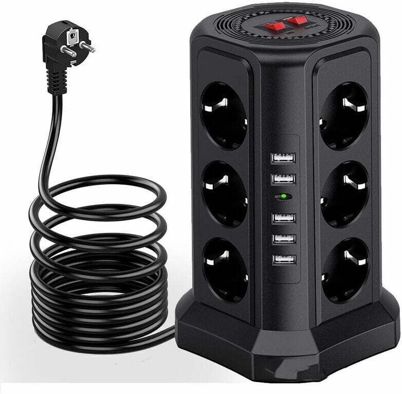 Überspannungsgeschützter Steckdosenturm, elektrische Steckdosenleiste mit 5 USB-Anschlüssen und 12 Steckdosen, Steckdose...