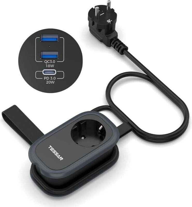 Multiprise de Voyage 3 Ports USB, Multiprise avec Charge Rapide USB C, Multiprise 4 en 1, Rallonge 1,4 m avec Sangle de ...