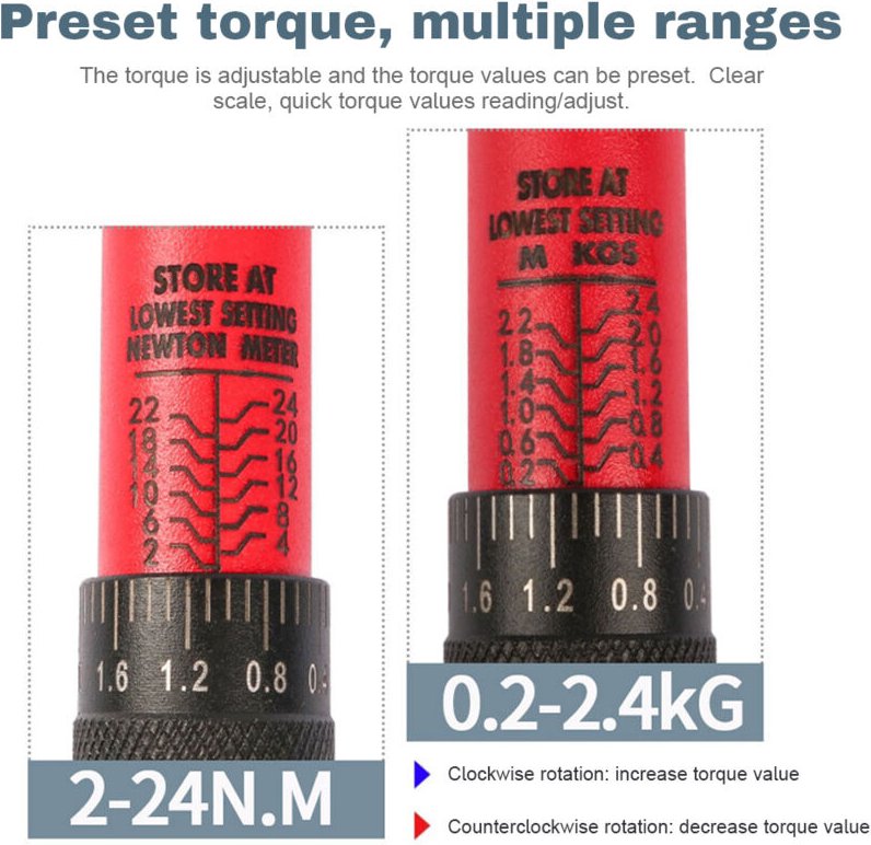 Verstellbarer Drehmomentschlüssel, 1/4-Zoll-Antrieb, 2–24 Nm, Handwerkzeug, Reparaturzubehör für Fahrräder, Motorräder u...