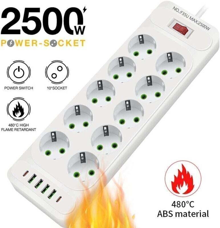 10-fach USB-Steckdosenleiste mit 4 USB-Anschlüssen, Reiseladegerät (5 V, 3,1 A), 1 USB-C-Anschluss, 2500 W, 10 A Steckdo...