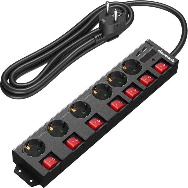 6-fach Steckdosenleiste mit usb und Schalter, 3 m Kabel, 90° gedreht, Schwarz - Dewenwils