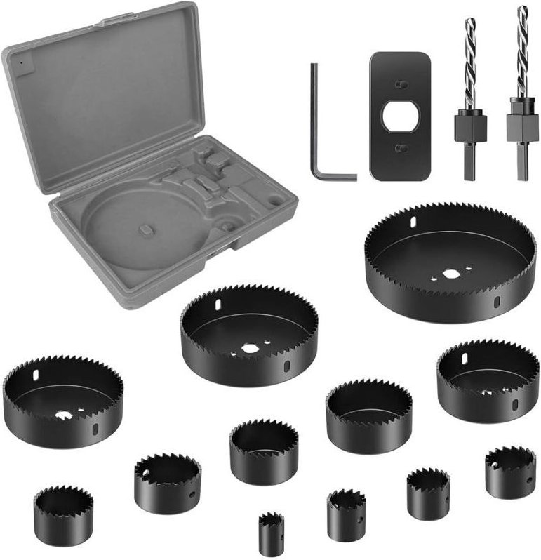 Set mit 16 Lochsägen (19–127 mm) mit robustem Zentrierbohrer und Inbusschlüssel für Holz, Gipskarton und MDF