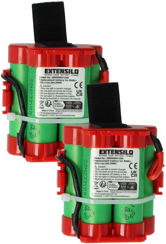 Extensilo - 2x Akku kompatibel mit Flymo Robotic Lawn Mower 2018 Rasenmäher (3000mAh, 18V, Li-Ion)