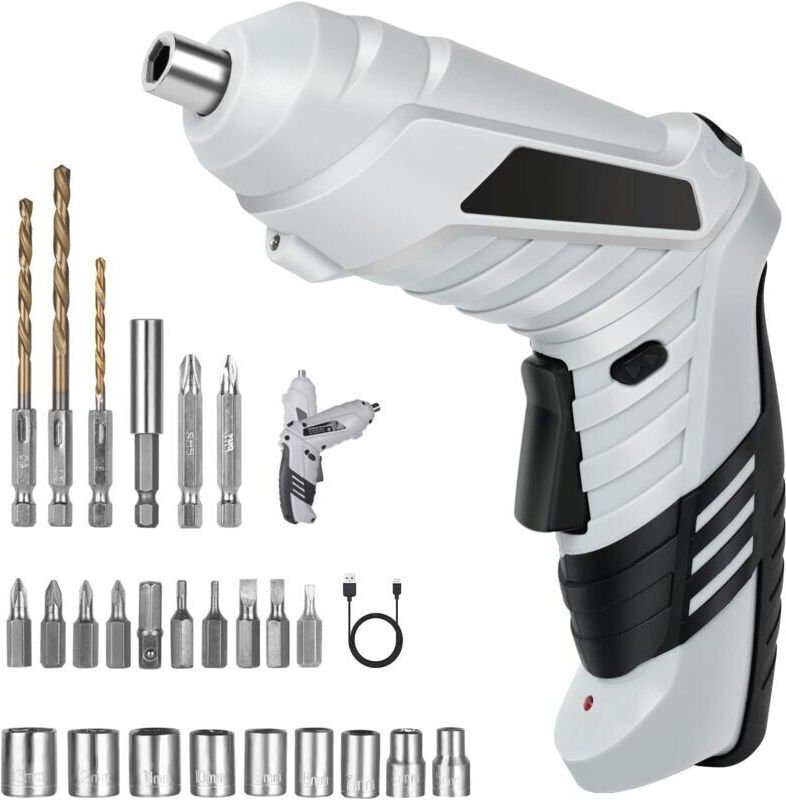 Akku-Bohrschrauber (3,6 Nm), 1300-mAh-Akku, 3,6-V-Schraubendreher + 26 Zubehörteile, 2 Drehrichtungen + LED-Leuchte, USB...