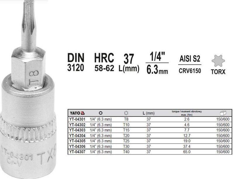 YATO TORX-SCHLÜSSEL 1/4"" T20x37mm