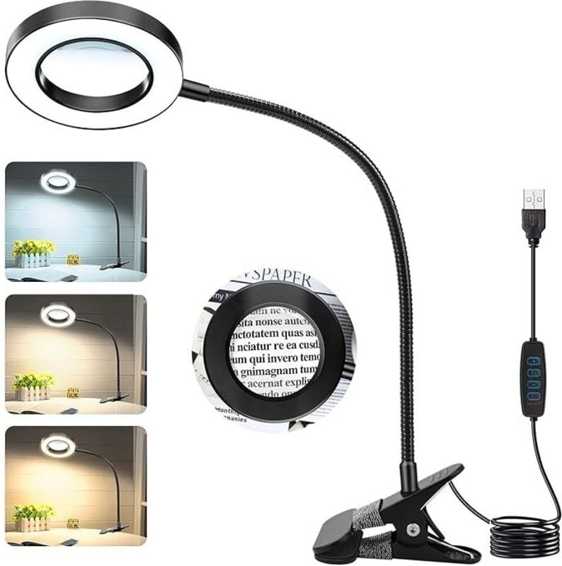 10-fache Vergrößerungslupe mit LED-Beleuchtung, 48 mm, Tischklemme, 3 Dimmstufen für Bett, Arbeit, Basteln, Heimwerken u...