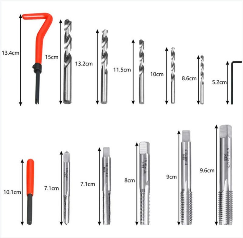 131-teiliges Gewindereparaturset, inklusive Helicoil-Bohrhülsen, M5-, M6-, M8-, M10- und M12-Gewindesteckschlüsselsatz m...