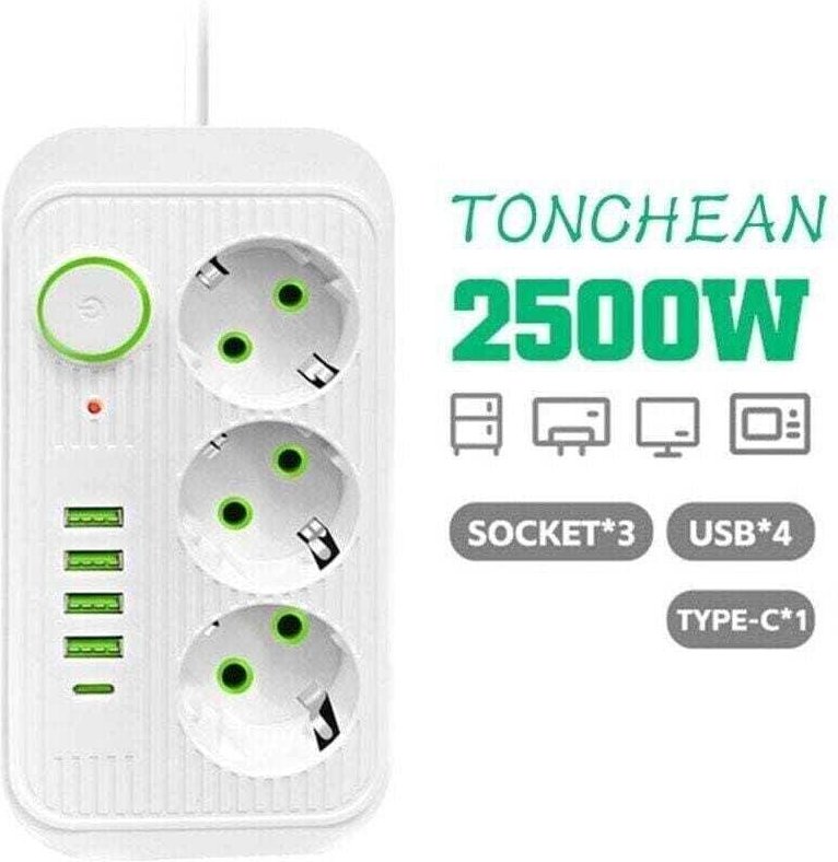 Steckdosenleiste mit 3 Steckdosen und 4 USB-Anschlüssen (1 USB-C-Anschluss), 8-in-1-Steckdosenleiste für Zuhause und Bür...