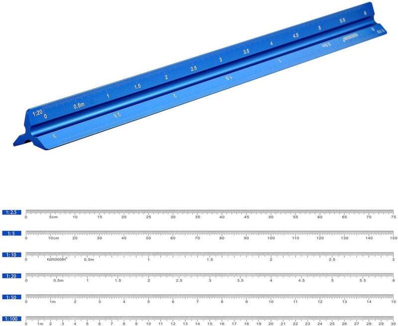 Linghhang - Aluminium-Lineale, Maßstab, Dreieckslineal, Dreiecksmaßstab 1:2,5, 1:5, 1:10, 1:20, 1:50, 1:100, Lasergravur