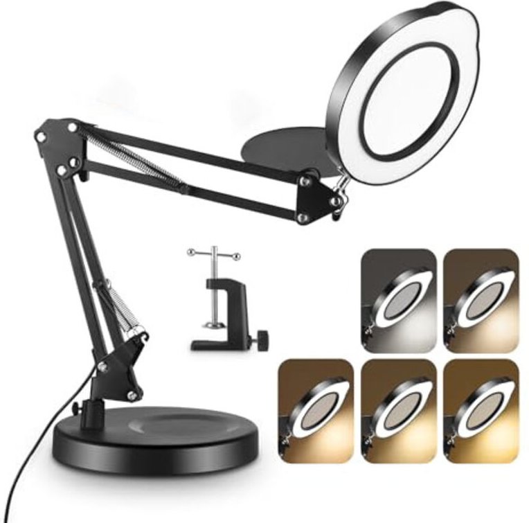 15-fache Vergrößerungslampe, 2-in-1 beleuchtete Schreibtischlampe mit Fuß und Klemme, 5 Farbmodi, stufenlose Dimmung, LE...