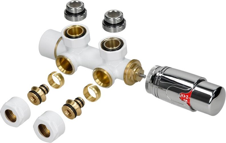 Ventil-Armaturen Set Multiblock Weiß Eckform inkl. Thermostatkopf für Badheizkörper mit Mittelanschluss - Anschlussgarni...