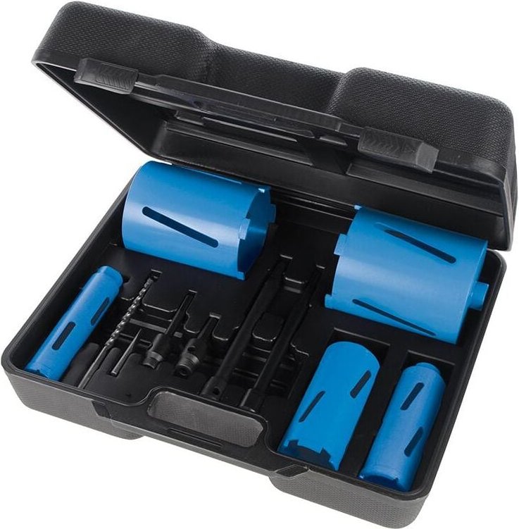 Fünf Diamantbohrkronen mit Zubehör, 11-tlg. Satz ø 38, 52, 65, 117 u. 127 mm