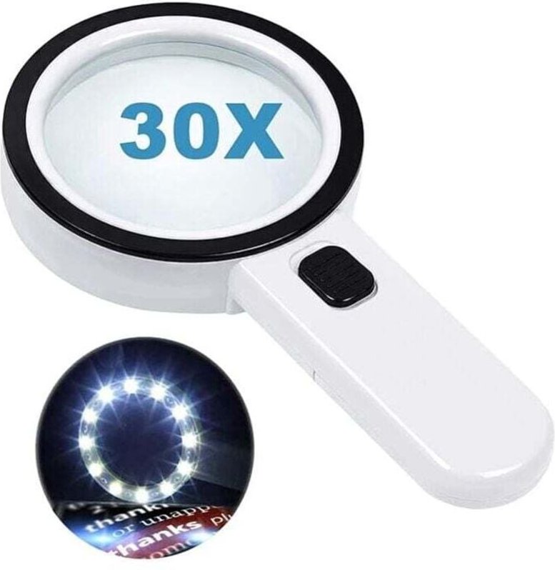 Leselupe mit 12 LED-Leuchten, Doppelglaslinse und 30-facher Vergrößerung. Zum einfachen Lesen von Münzen, Briefmarken un...