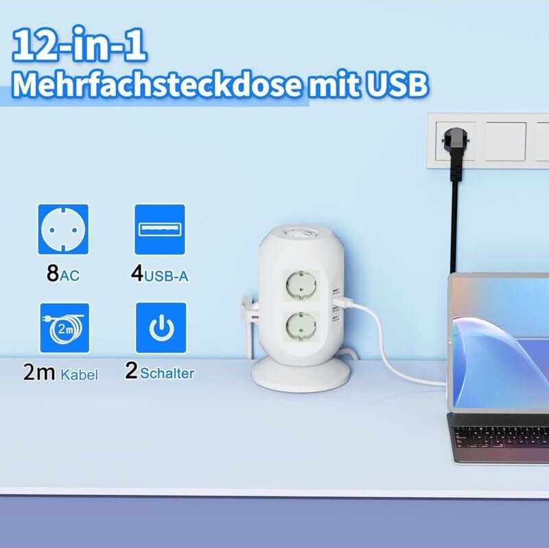Steckdosenleiste mit 4 USB-Anschlüssen, 8 Steckdosen, Überspannungsschutz, 2 m Verlängerungskabel, würfelförmige Steckdo...