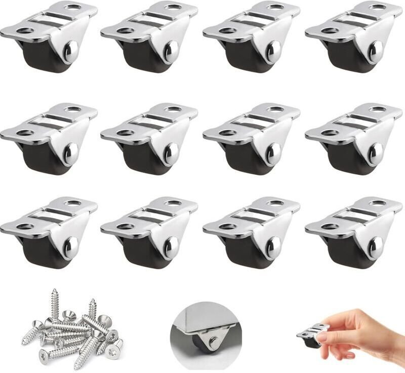 12 kleine 1,2 cm Gummirollen für Möbel, Transportrollen mit Metallplatte und Schrauben, Mini-Feststellrollen