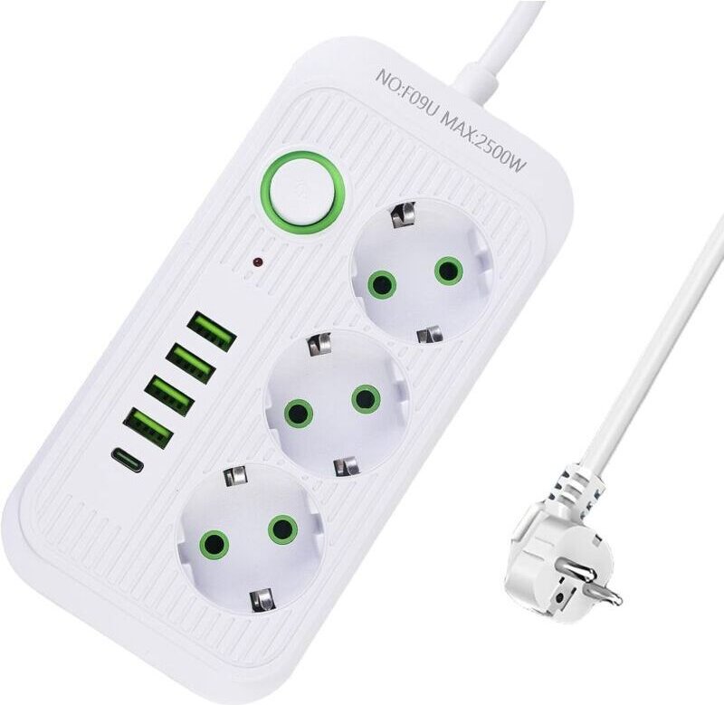 Vtizikl Multiprise à 3 prises avec câble de 2 m, 2500 W et interrupteur, multiprise USB 10 A, avec 3 ports AC, 4 USB et ...