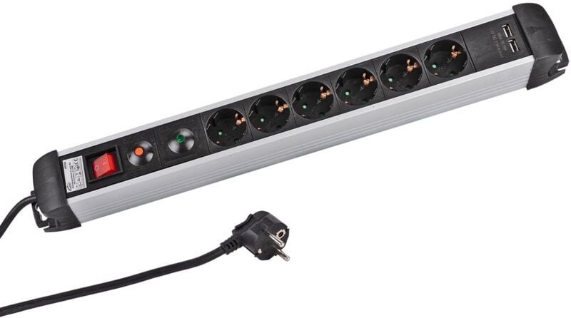 Kestek - Steckdosenleiste 6-fach Alu mit Schalter, 2xUSB und Überspannungsschutz