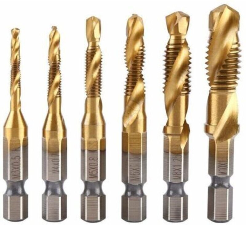 Satz von 6 Gewindebohrern, Gewindebohrer, metrisches Gewinde M3-M10 mit HSS-Titanbeschichtung und 1/4"-Gewindebohrer mit...
