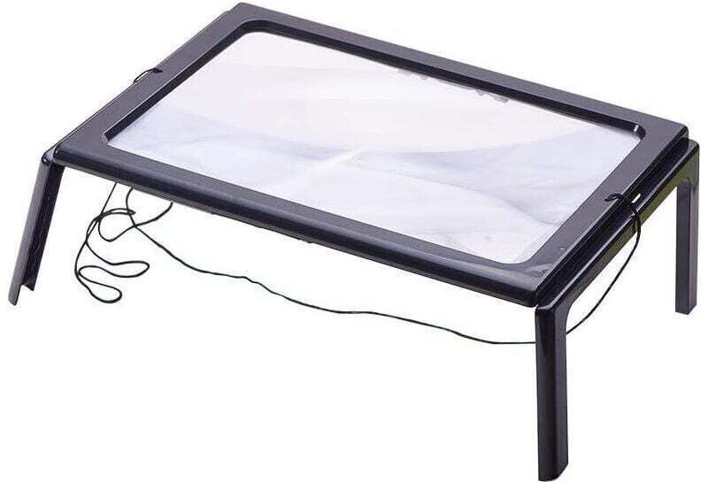 Leselupe mit 4 LED-Leuchten, XU, 3-fache Vergrößerung, rechteckige A4-Lupe mit Vergrößerungslampe auf Ständer - KZQ