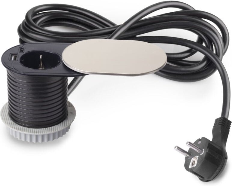 Multistecker mit Gleiter Vertikal Flat 60, Durchmesser 60mm, 1 Schukostecker, 1 usb Typ a, 1 usb Typ c, Stahl und Kunsts...