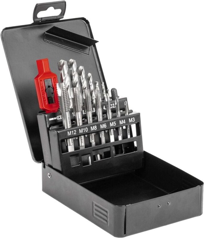 STIER Gewindeschneidzeugsatz, 15-teilig, M3-M12 Form B HSS-G, mit Haltewerkzeug aus hochwertigem Zamak 5
