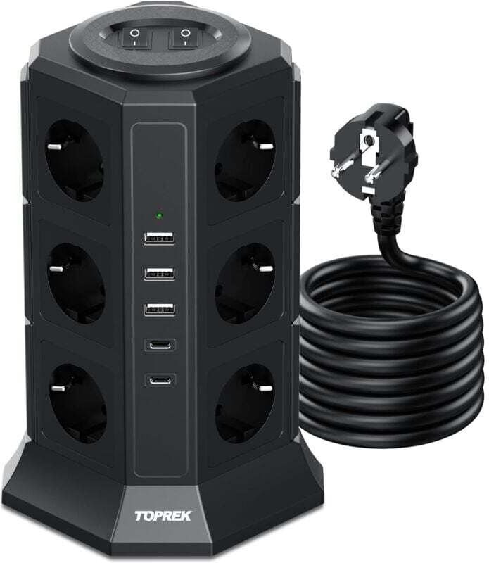 Ulisem Steckdosenleiste mit 2 Schaltern, 12 Steckdosen, 3 USB-A-Anschlüssen und 2 USB-C-Anschlüssen, 4000 W/16 A, für da...