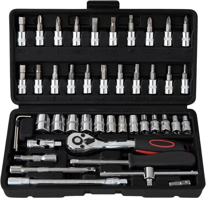 46-teiliger CR-V-Steckschlüsselsatz, 72 Zähne, 1/4-Zoll-Antrieb, Ratschenschlüssel, kleine Ratsche mit Etui, verchromte ...