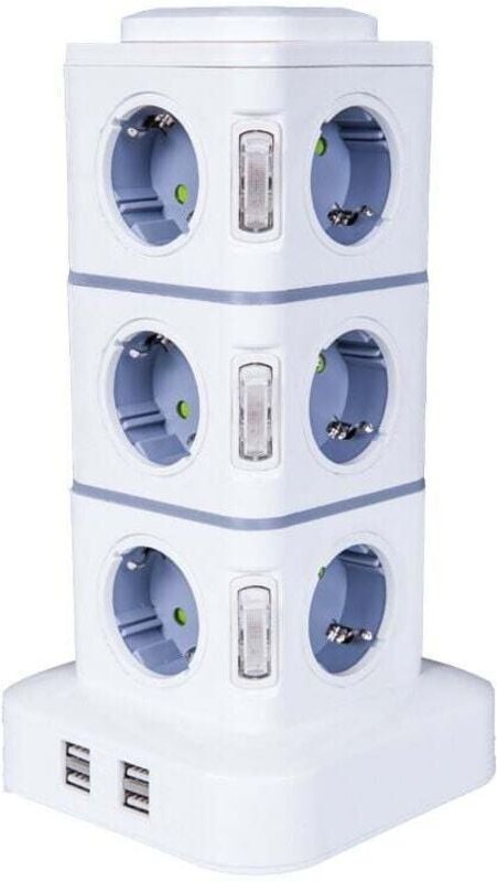 Steckdosenturm, 12-fach Steckdosenleiste (2500 W / 10 A) mit 4 USB-Anschlüssen, mehrere Steckdosen, Überspannungsschutz,...