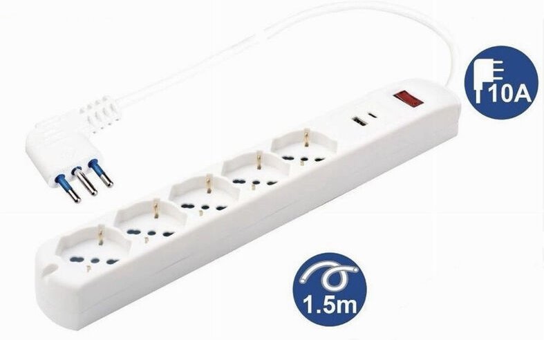 Trade Shop Traesio - Trade Shop - mehrfachsteckdose 7 in 1 usb a + c + 5 steckdosen für bipasso / schuko / eu 1,5MT kabe...