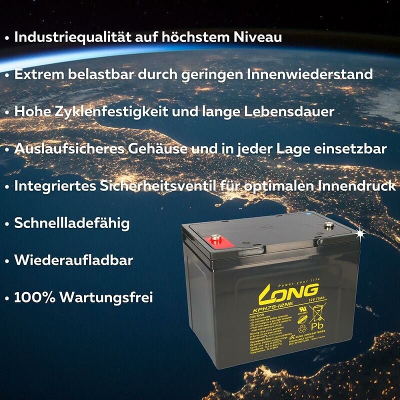 Thumbnail - Kunglong - Ersatzakku für Dietz Bechle Alvaro carvo und tifan 2x Kung Long Bleiakku KPH75-12NE M6 12V 75Ah zyklenfest