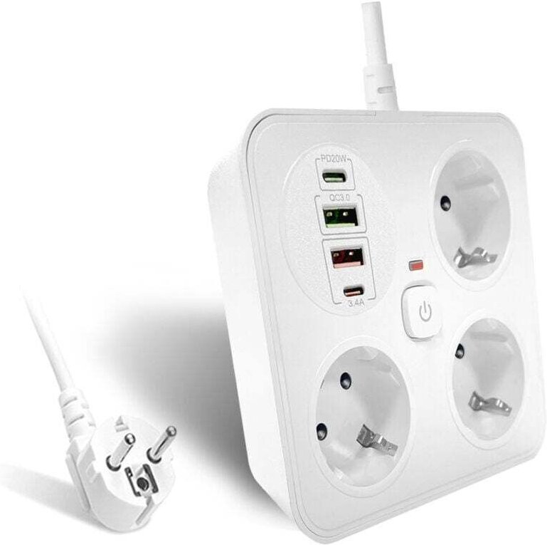 3-fach Steckdosenleiste mit 2 USB-A-Anschlüssen und 2 USB-C-Anschlüssen, Netzstecker mit 2 m Verlängerungskabel (250 V/1...