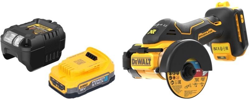 DeWalt DCS 438 E1 Akku Multimaterialschneider 18 V 76 mm Brushless + 1x Powerstack Akku 1,7 Ah + Ladegerät
