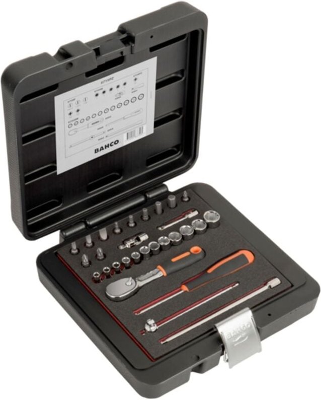 Bahco 1/4 Steckschlüssel-Satz, metrisch, Sechskantprofil, inklusive birnenförmiger Umschaltknarre/Schraubendreher-Einsät...