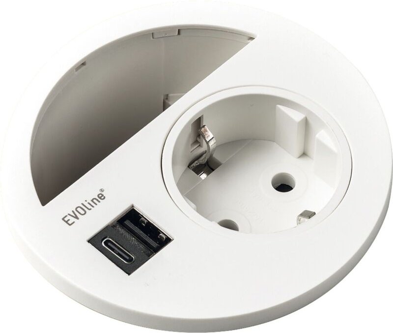 Circle80 Steckdose weiß - mit Kabeldurchgang, usb-a + usb-c Doppelcharger, Tischsteckdose, 3500W, ø 80mm, 1 Stück - Evol...
