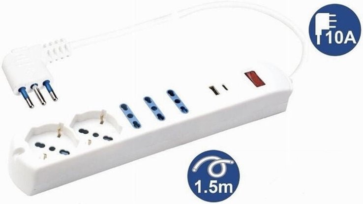 Trade Shop Traesio - Trade Shop - mehrfachsteckdose 7 in 1 usb a + c + 3 steckdosen für bypass + 2 schuko/eu 1,5MT kabel...