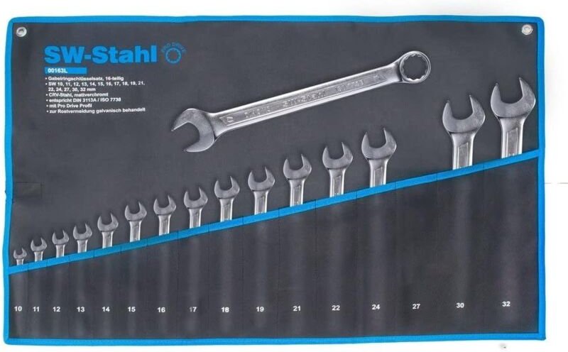 SW-Stahl 00163L Gabelringschlüsselsatz 10-32 mm, 16-teilig i Maulschlüssel-Set i Ringschraubenschlüssel i Doppel-Schraub...